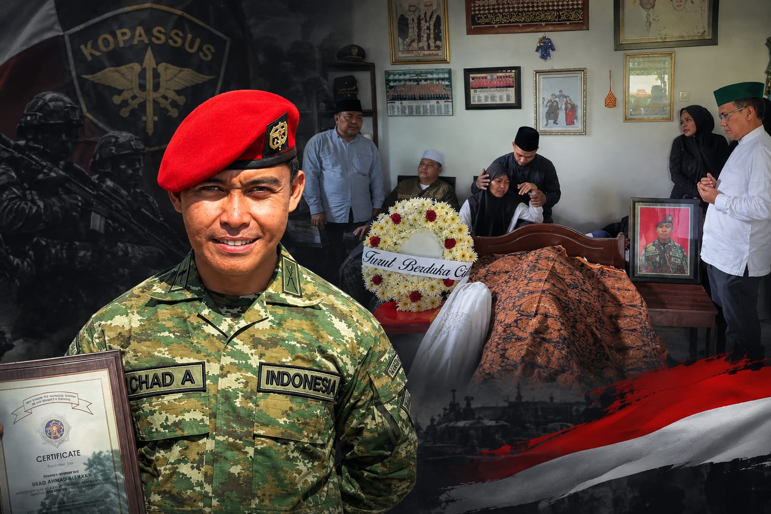 Potret [setengah badan] seorang perwira muda TNI AD berseragam [loreng/PDU] dengan baret [warna], menghadap kamera.